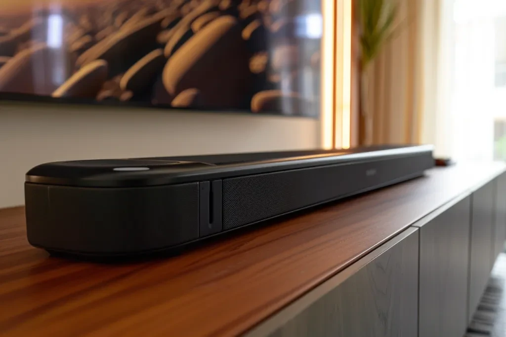 a black soundbar sitting on top of an wood cabinet