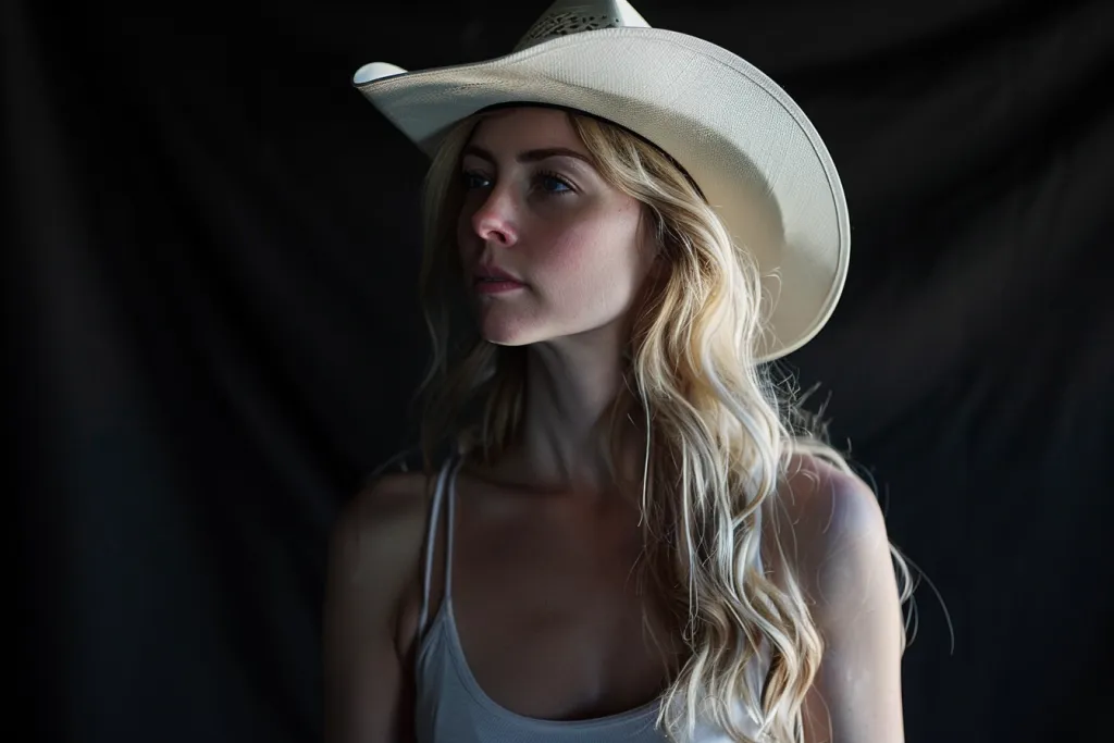 uma mulher loira usando um chapéu de cowboy branco contra um fundo preto