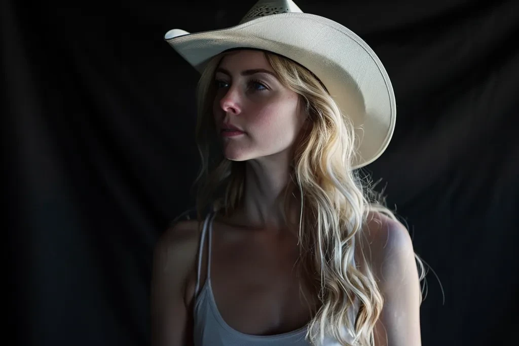 a blonde woman wearing a white cowboy hat against a black background