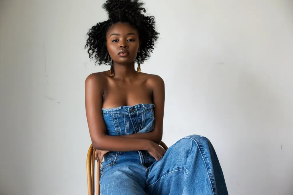 seorang model mengenakan atasan denim strapless asos