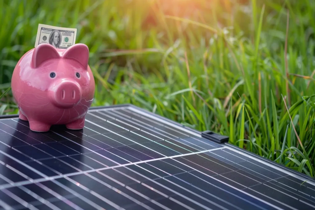 a piggy bank with money on top placed next to solar panels, symbolizing energy sophistication and value