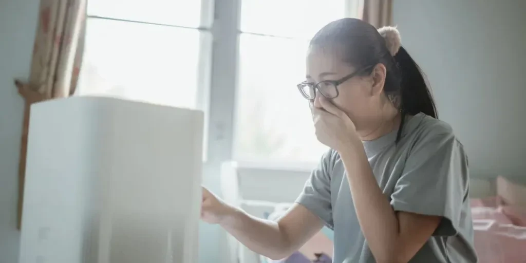 a pregnant woman turning on the air purifier