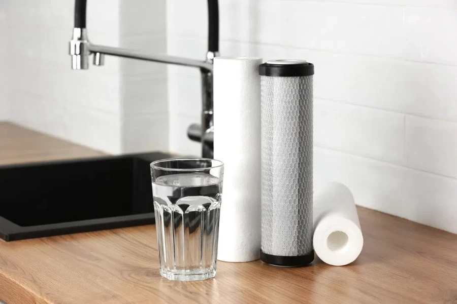 a set of filter cartridges on wooden table 