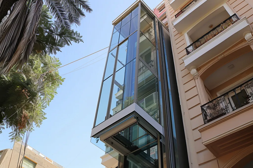 a small home glass elevator on the side of an apartment building