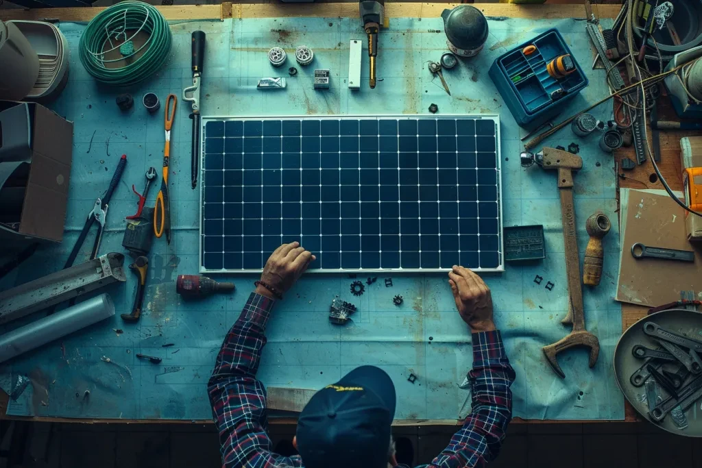 un panel solar y luz sobre una mesa azul. Un trabajador colocando herramientas para el montaje en un taller.