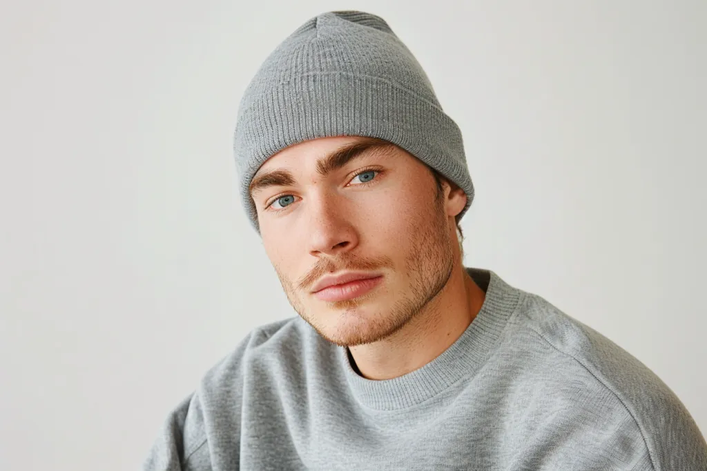 a solid light gray blank beanie hat on an attractive man