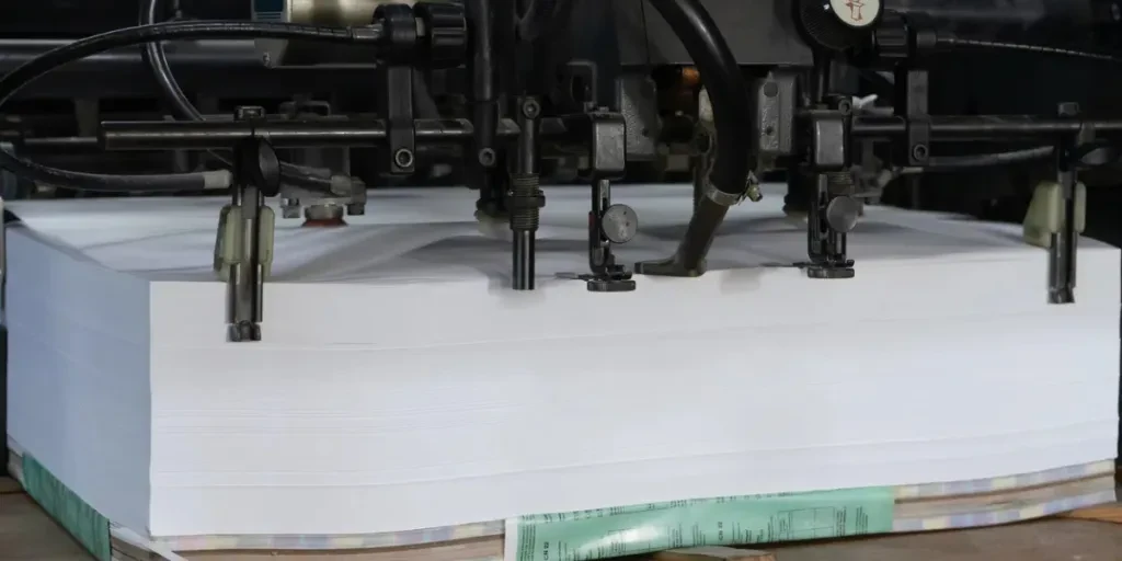 a stack of paper is loaded into a typewriter