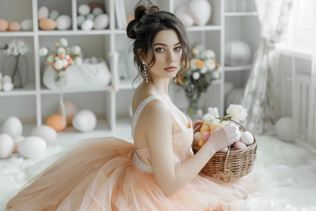 a woman sitting on a white carpet with a basket full of Easter eggs