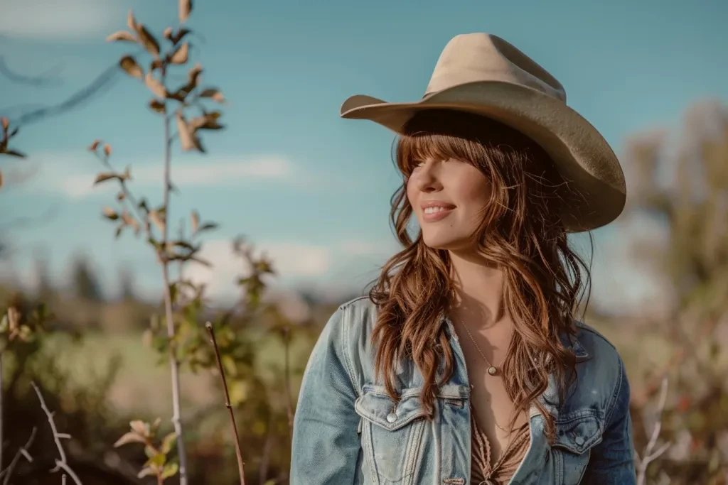 a woman wearing denim and a cowboy hat