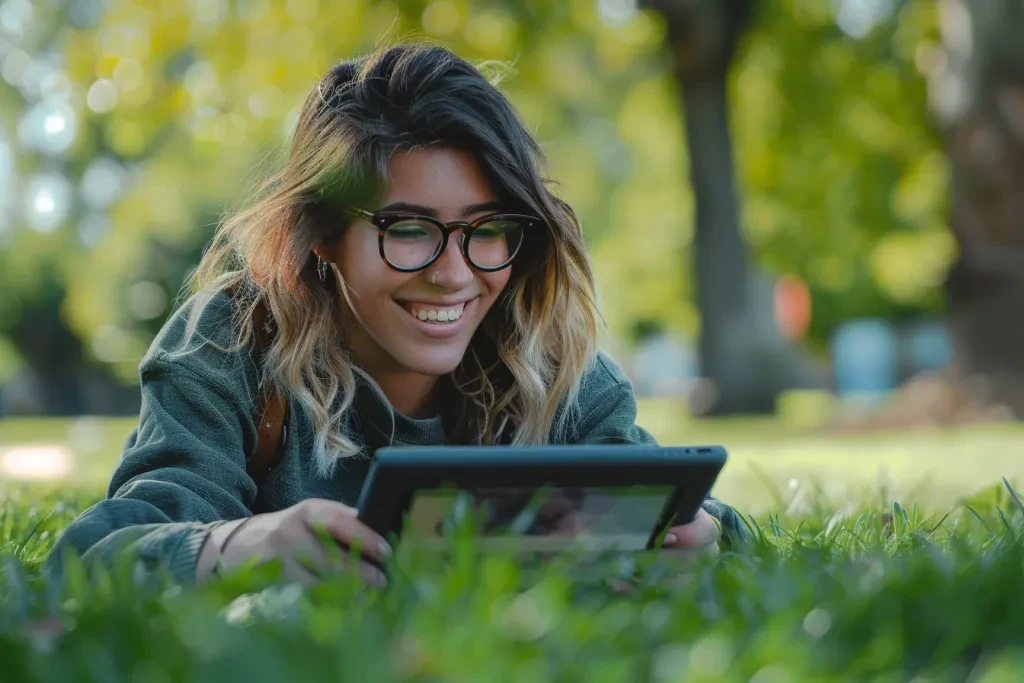 una donna con gli occhiali sdraiata sull'erba sorride al suo tablet