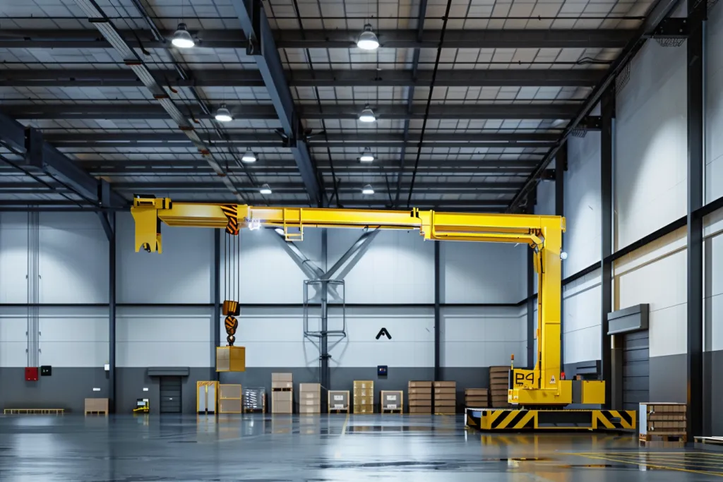 a yellow single rounded corner double arm electric jib crane in an industrial warehouse