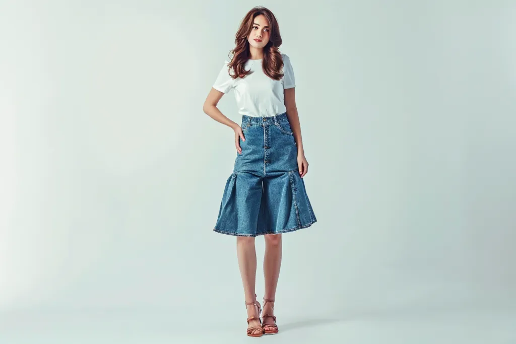 an attractive woman wearing jeans skirt