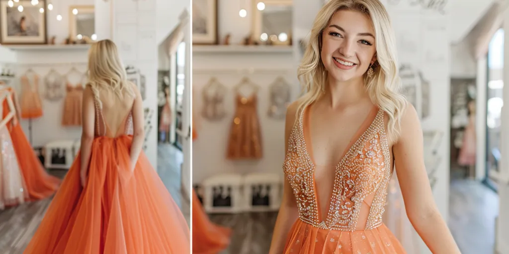 vestido de baile laranja com corpete de brilhantes