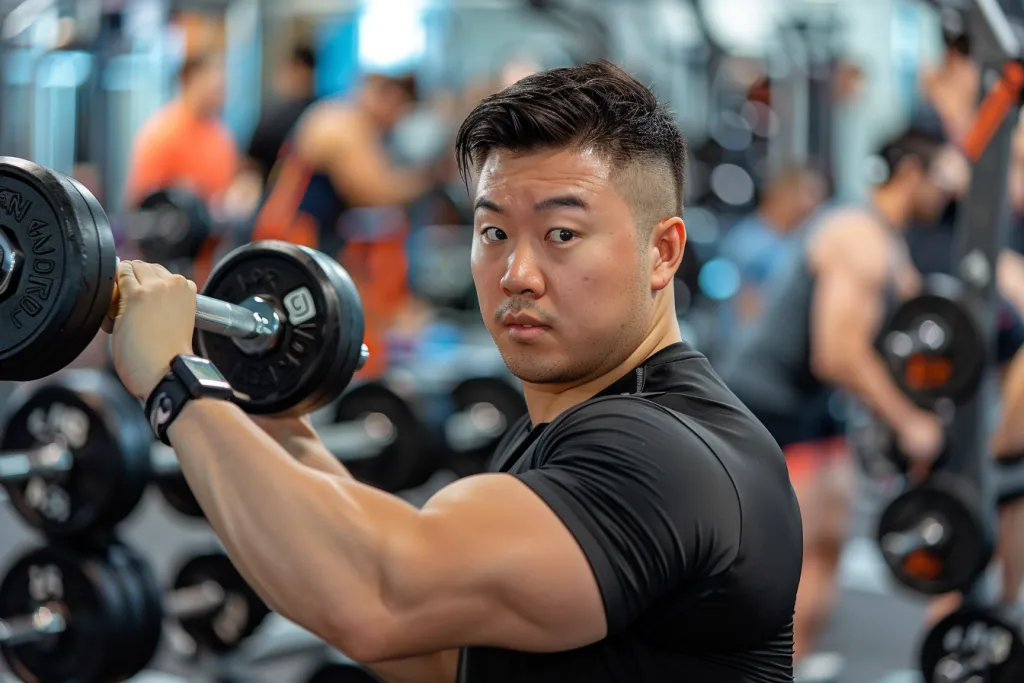 Азиатский мужчина лет тридцати тренируется