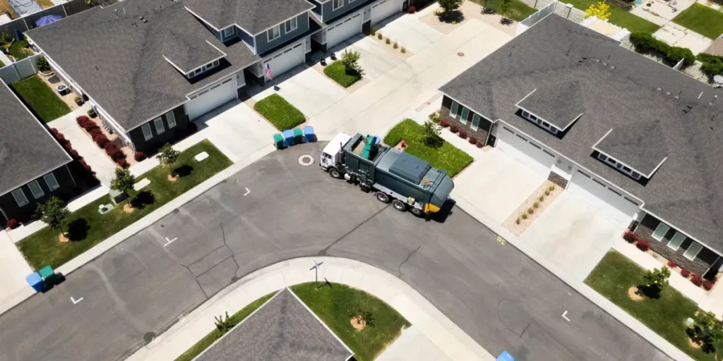 an aerial view of a garbage trucking emptying bins