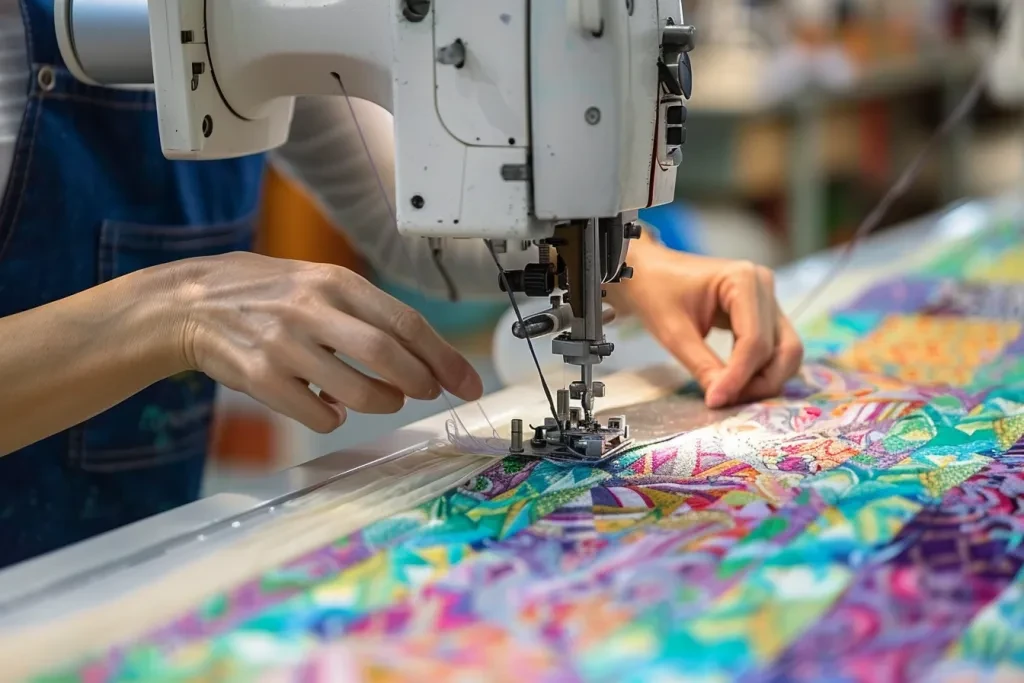 une station de couture industrielle pendant qu'elle fabrique des tissus colorés