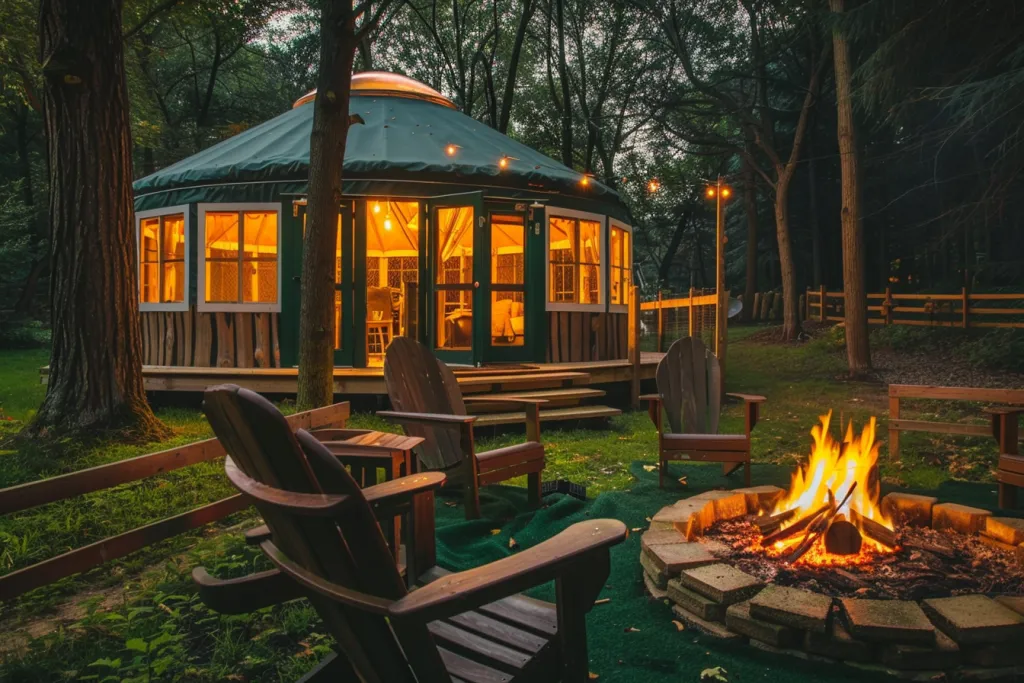 una yurta di lusso di notte, circondata da alberi ed erba con un pozzo del fuoco di fronte
