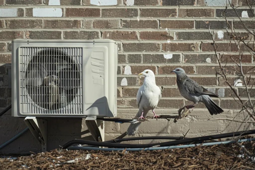 birds near each other on top of an outdoor wall unit