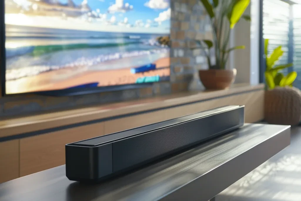 black soundbar is sitting on the table