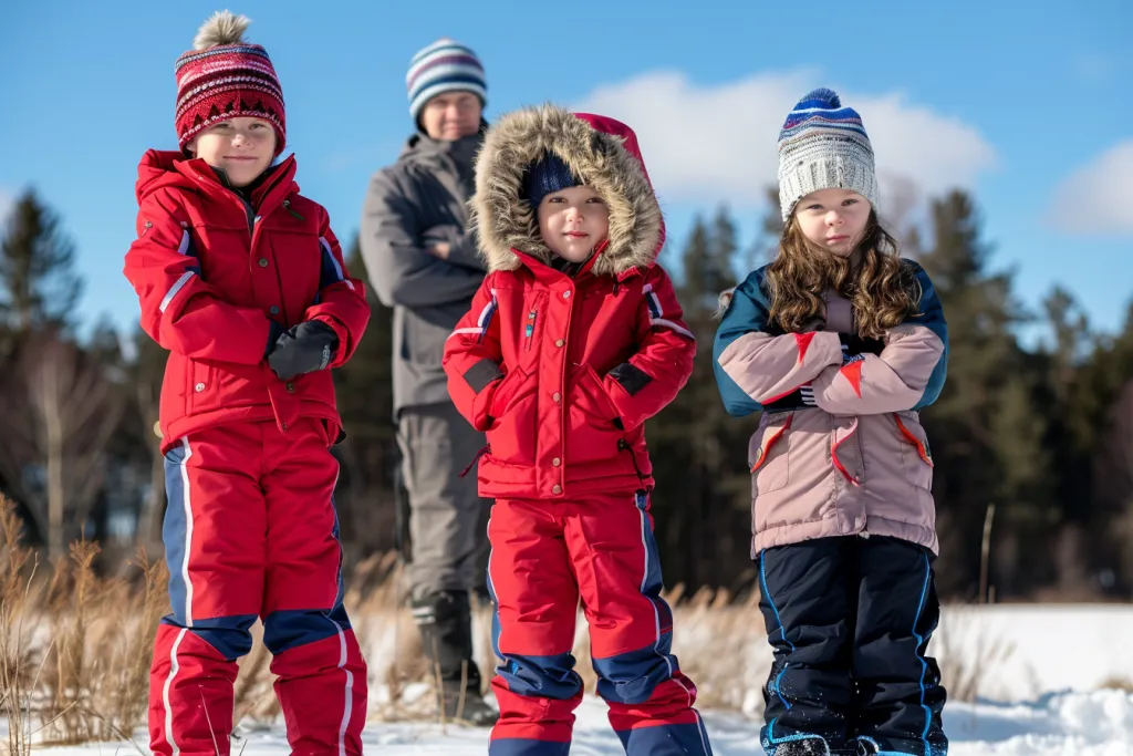 boys and girls in red snowsuits with white stripes