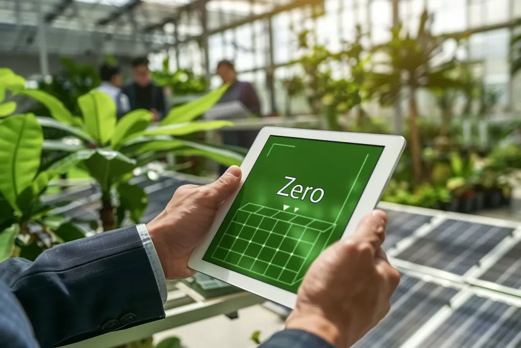 para pebisnis memegang tablet dengan layar hijau menampilkan teks Zero dan model panel surya di atas meja di kantor