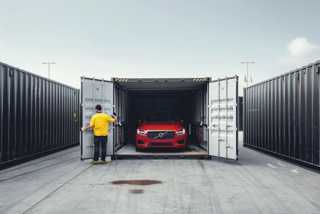 car inside an open shipping container