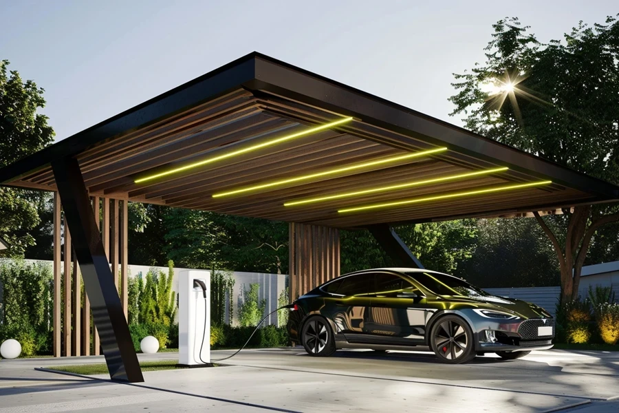 garagem com carregamento EV integrado e sistemas de iluminação inteligentes