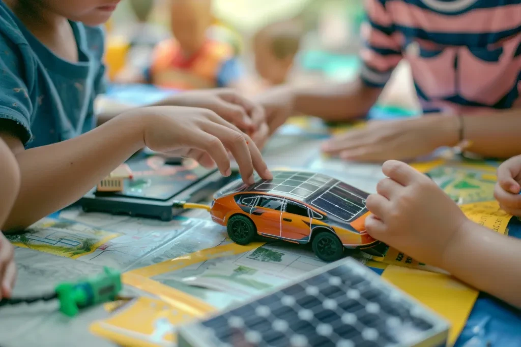 niños construyendo y jugando con un mini auto de control remoto en clase de ciencias, manos cerradas sosteniendo un pequeño banco de energía de células solares de juguete sobre la mesa