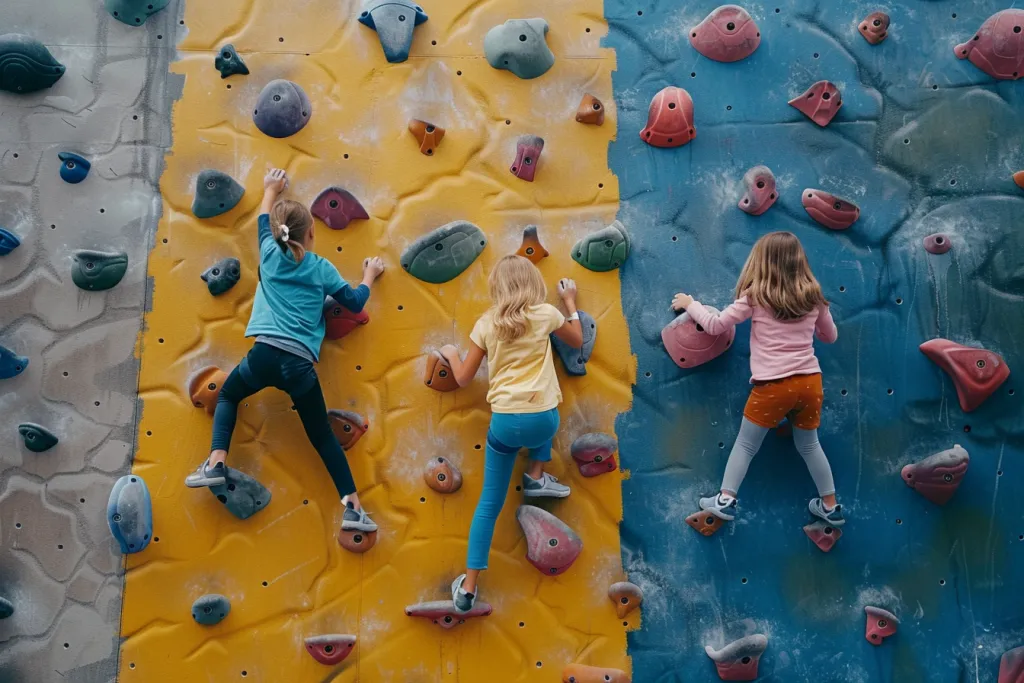 体育館で岩壁を登る子供たち