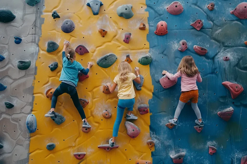 bambini che si arrampicano sulla parete di roccia in palestra