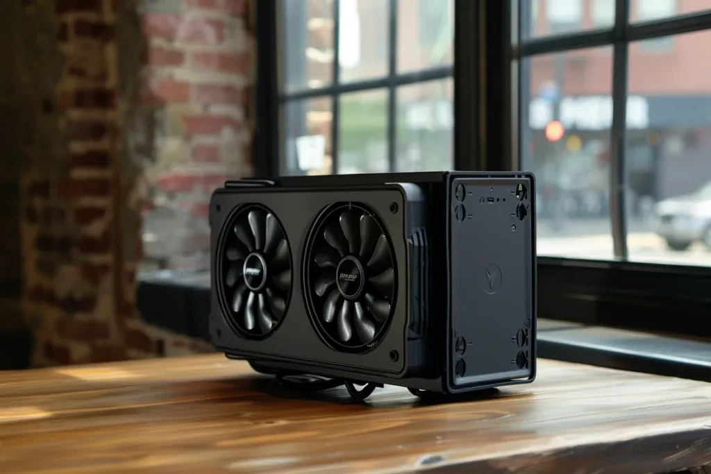 compact graphics card with two fans mounted on the side of an open black plastic case