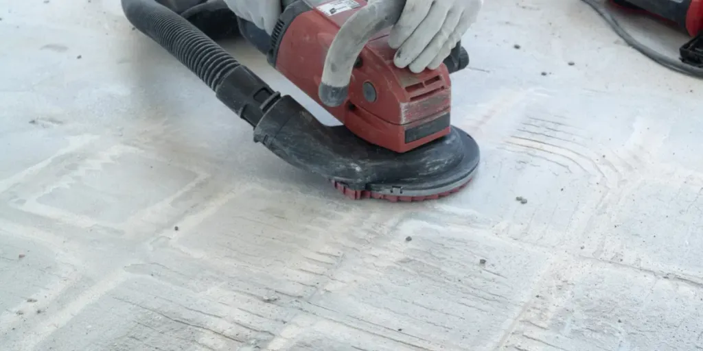 construction worker uses a power concrete grinder