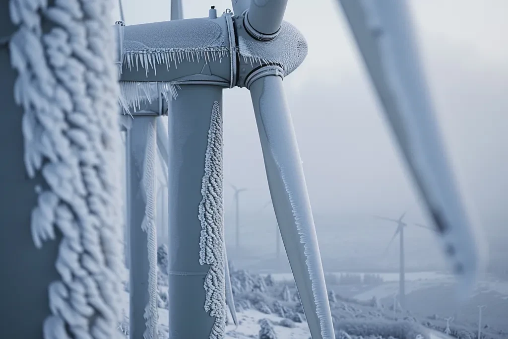 contrasts on white wind turbines against a snowy landscape in winter