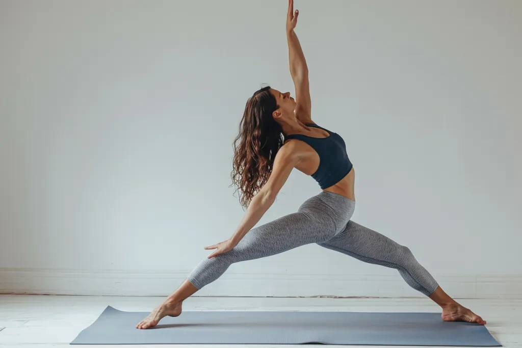 melakukan yoga di atas matras putih kosong