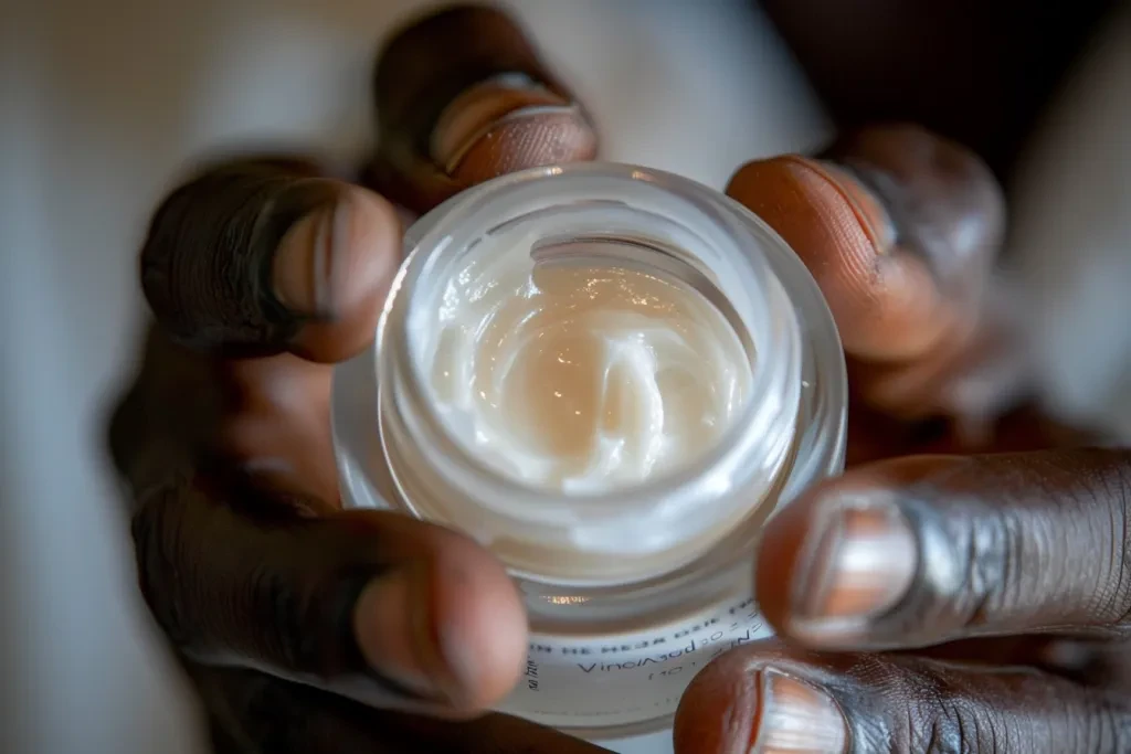 focando em um frasco com produto branco para a pele dentro