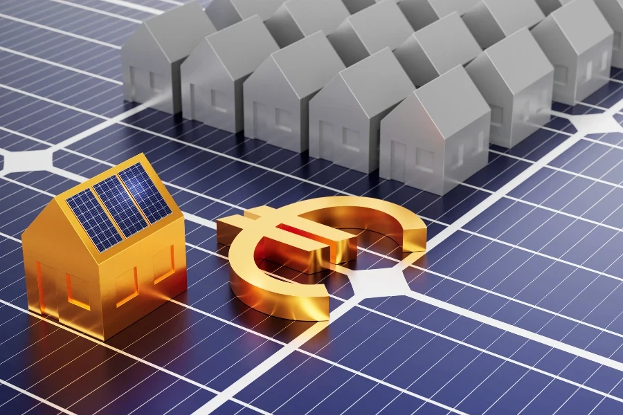 golden house model with Solar panels on the roof and The euro currency symbol put on the solar panel surface. sustainable energy concept, save money, wealth, and reduce global warming