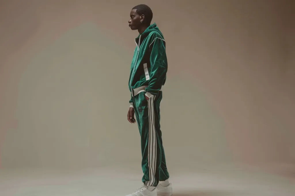 green and white velvet tracksuit with side stripes