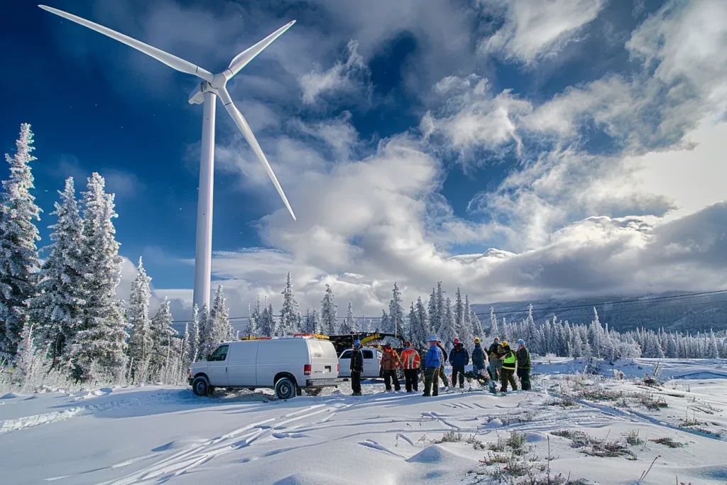 Un grupo de trabajadores se encuentra alrededor de una turbina eólica en la nieve.