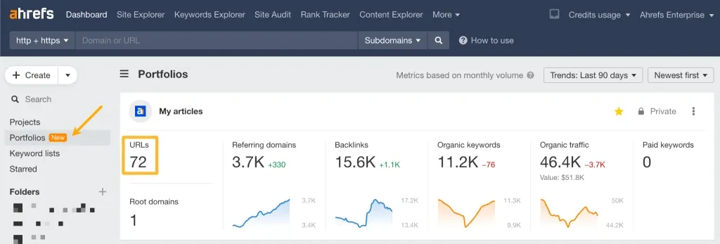 Ahrefs'in portföy özelliği.