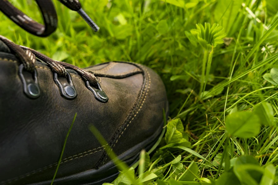 Zapato de cuero negro sobre la hierba