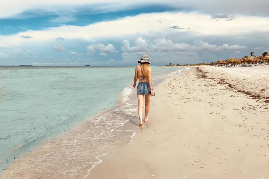 Foto Tampak Belakang Wanita Berjalan di Pantai