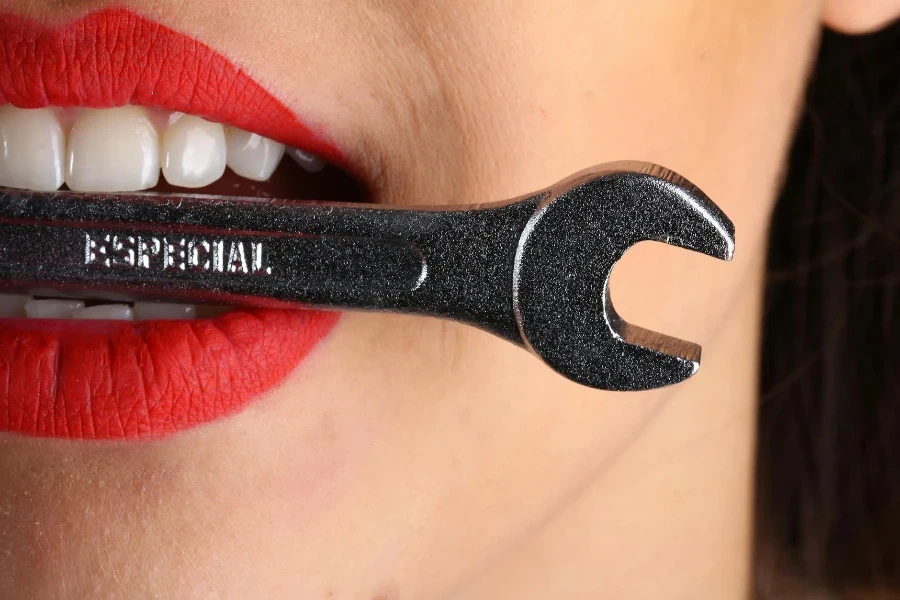 Mujer Con Labios Rojos Morder Llave Especial Gris