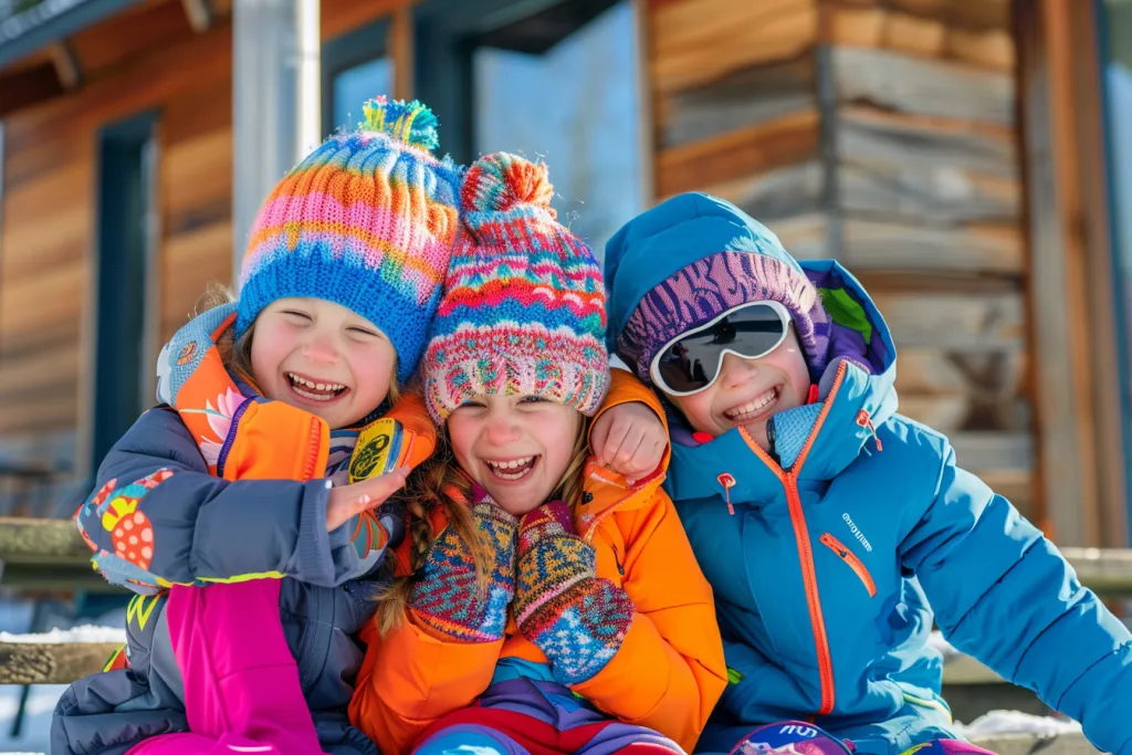 モダンなキャビンの前のベンチに座っているスキーを履いた子供たち