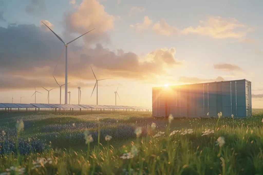 large energy storage container, solar panels and wind turbines in the background