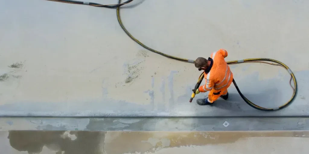 man in orange workclothes sandblasting concrete surface