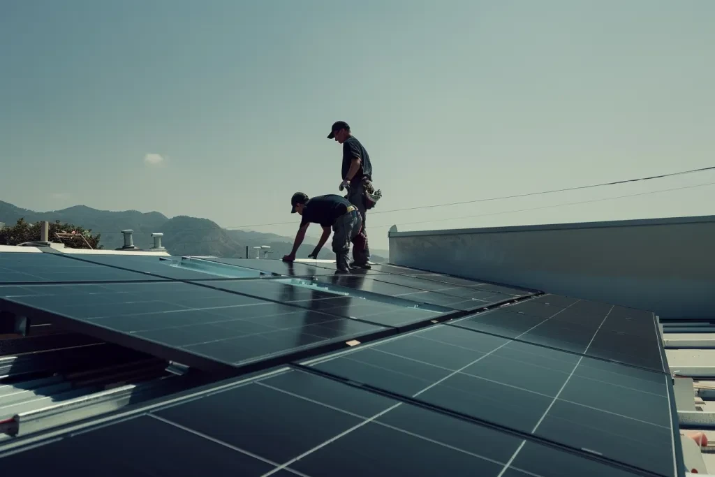 El hombre está encima del techo, instalando paneles solares negros.