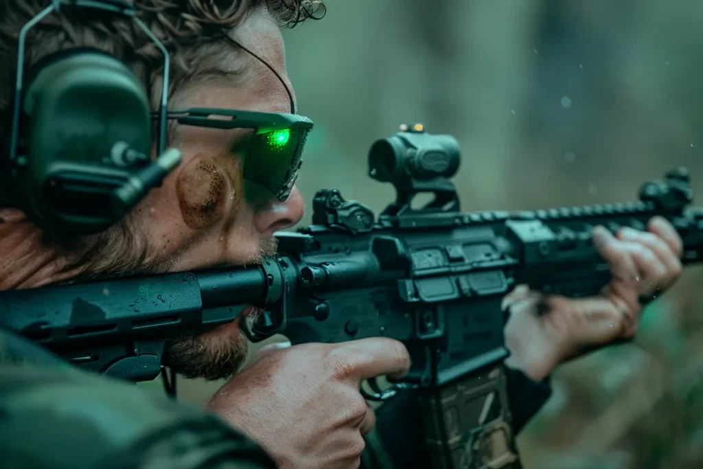 man wearing black glasses and green earbuds shooting rifle