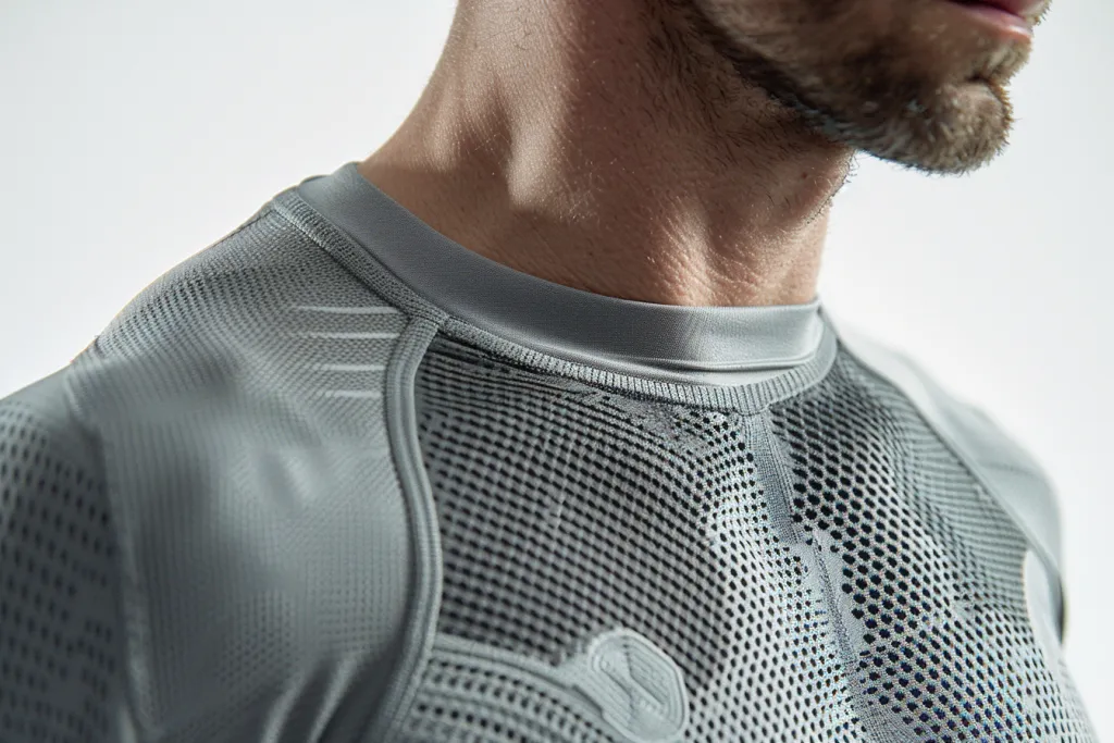 man wearing mesh shirt with logo on chest in grey color