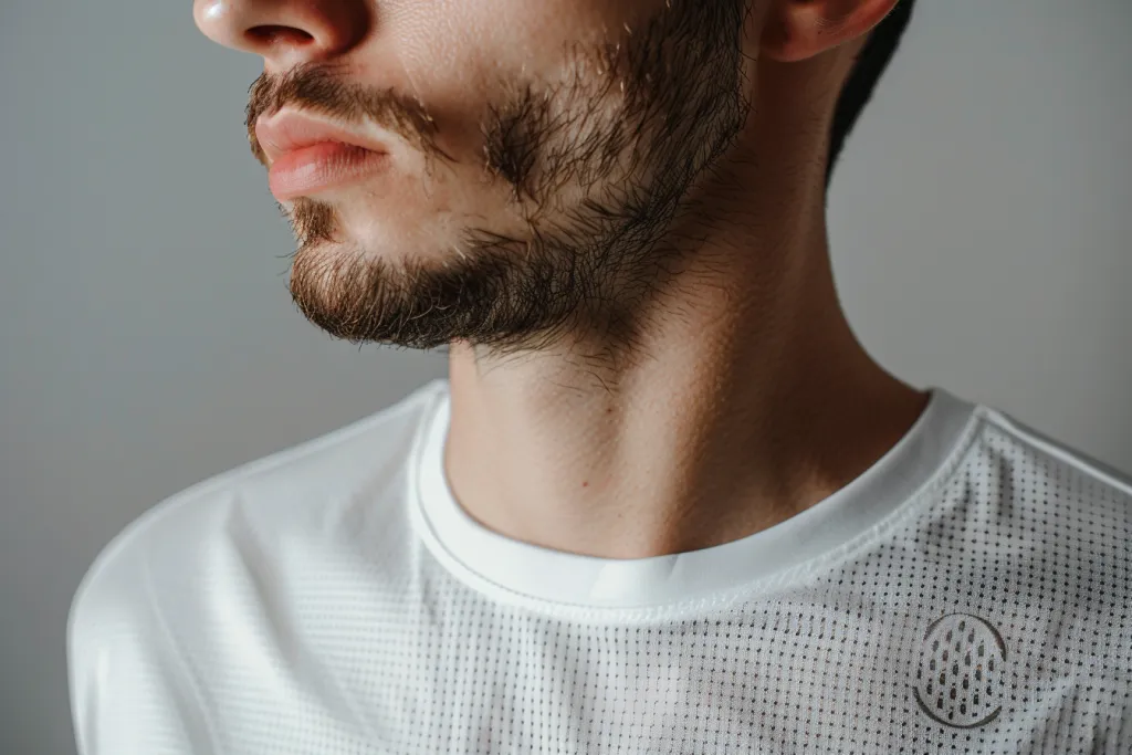 uomo che indossa una maglietta a rete con logo sul petto di colore bianco