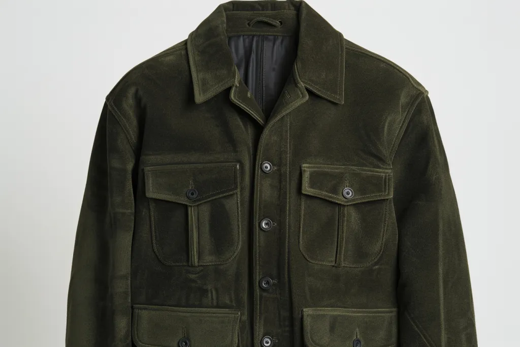 men's dark green suede buttonup jacket